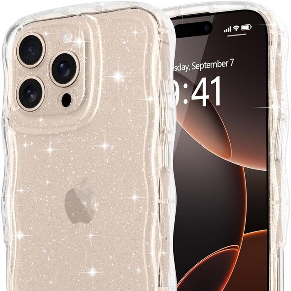 iPhone 16 Pro Max Case Clear, Cute Sparkly Bling Glitter Curly Wave NEW - Picture 2 of 6